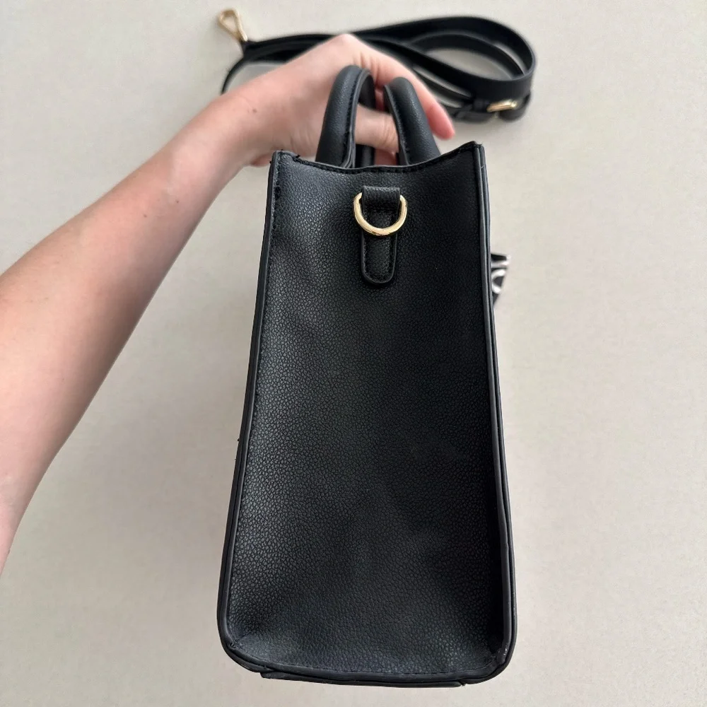 Black Structured Top Handle Crossbody Purse Faux Leather Basic Purse Everyday - Picture 5 of 13